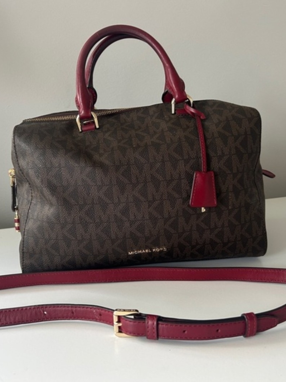 Michael Kors Brown MK Logo Satchel with Reddish Trim and Strap Key And Lock